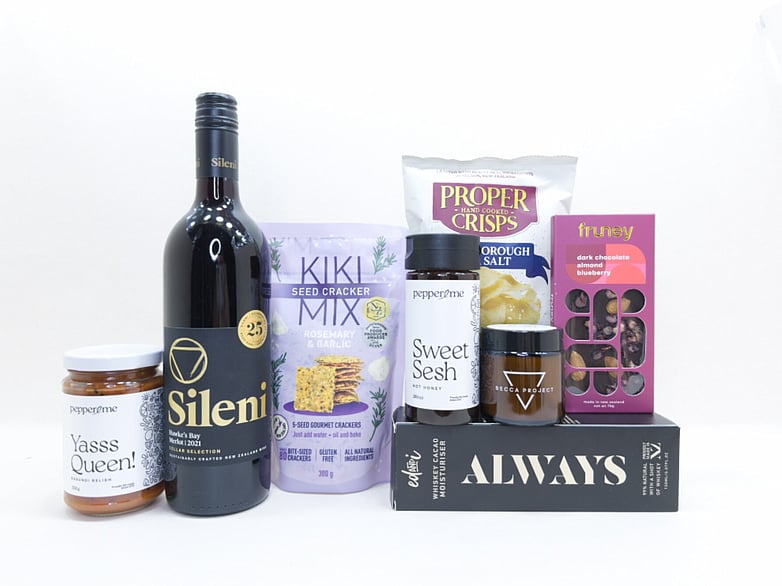Luxury Red Wine Hamper NZ — premium NZ-made wine hamper with red wine, artisan chocolate, chips and Becca Project candle