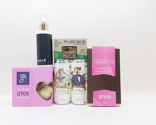 You Deserve This gift box NZ — NZ-made gift box with Remarkables chocolate, Uncommon wine, Nevé room spray and cookies
