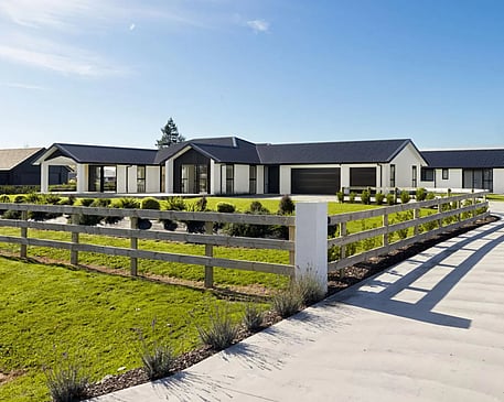 Full site image of modern new home with alfresco areas at Collinson Street, Pirongia, by Waikato residential builders Whitechurch Construction Limited.
