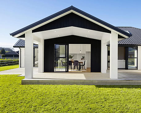 Image of modern new home with alfresco covered areas for entertaining at Collinson Street, Pirongia, by Waikato residential builders Whitechurch Construction Limited.