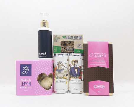 The you deserve this gift box nz - neve candle, weka muesli bar, molly woppie and uncommon wine cans