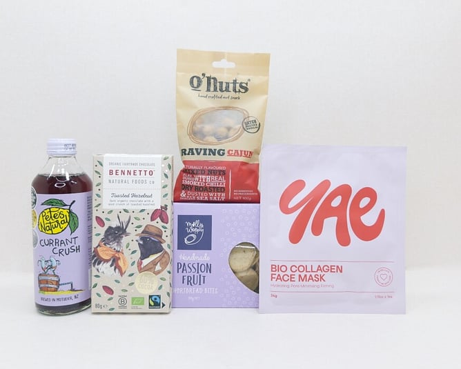 KYND Sweet Things Gift Box &mdash; NZ gift box for her under $100 with chocolate, passionfruit cookies, collagen face mask and natural drink in signature white premium gift box