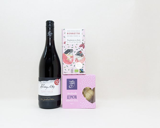 KYND Wine and Chocolate Gift Box &mdash; NZ wine gift box with Roaring Meg red wine, Bennetto dark raspberry chocolate and Molly Woppy melting moments in signature white premium gift box