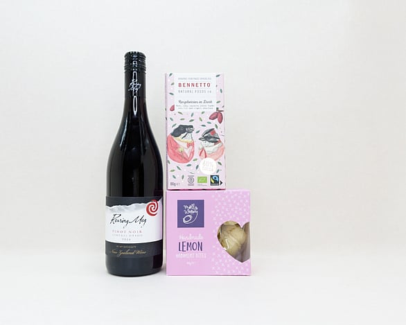 KYND Wine and Chocolate Gift Box — NZ wine gift box with Roaring Meg red wine, Bennetto dark raspberry chocolate and Molly Woppy melting moments in signature white premium gift box