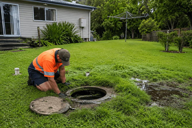 drainlayer checking old septic tank created by ai