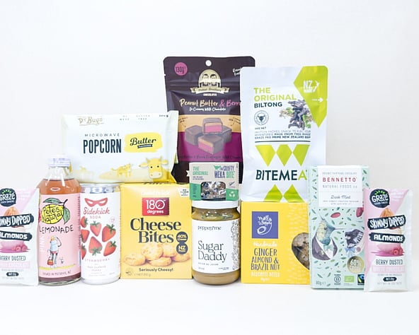 KYND Great NZ Snack Box &mdash; NZ snack gift box with popcorn, jerky, chocolate, biscuits, almonds and artisan snacks in signature white premium gift box