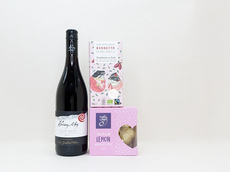 KYND Wine and Chocolate Gift Box — NZ wine gift box with Roaring Meg red wine, Bennetto dark raspberry chocolate and Molly Woppy melting moments in signature white premium gift box