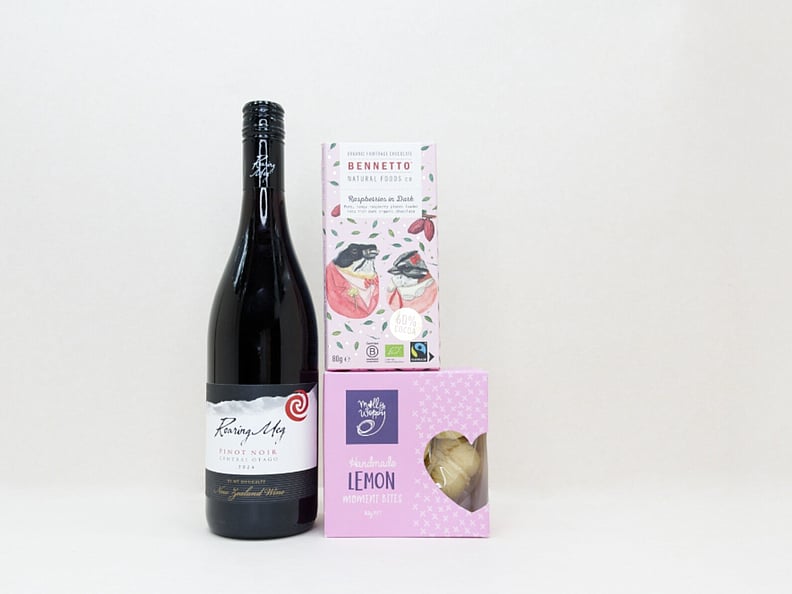 KYND Wine and Chocolate Gift Box — NZ wine gift box with Roaring Meg red wine, Bennetto dark raspberry chocolate and Molly Woppy melting moments in signature white premium gift box