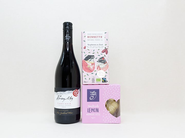 Red Wine Gift Box featuring Roaring Meg wine, Bennetto chocolate, and Molly Woppy cookies in a premium KYND gift box.