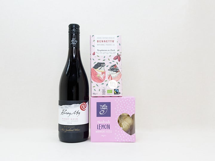 Red Wine Gift Box featuring Roaring Meg wine, Bennetto chocolate, and Molly Woppy cookies in a premium KYND gift box.