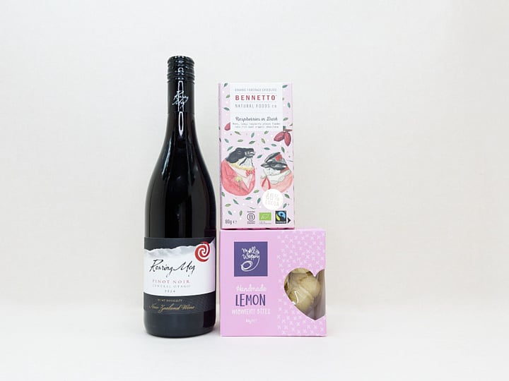 KYND Wine and Chocolate Gift Box — NZ wine gift box with Roaring Meg red wine, Bennetto dark raspberry chocolate and Molly Woppy melting moments in signature white premium gift box