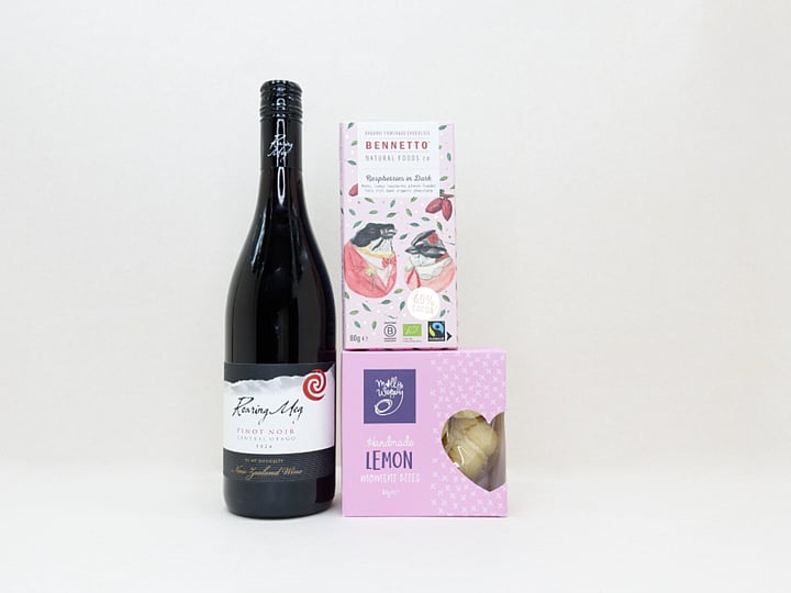 Red Wine Gift Box featuring Roaring Meg wine, Bennetto chocolate, and Molly Woppy cookies in a premium KYND gift box.