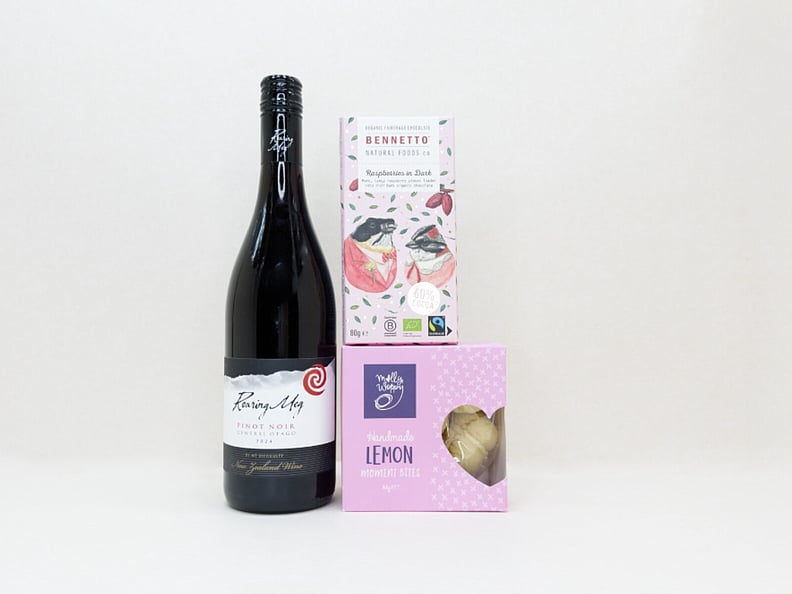 KYND Wine and Chocolate Gift Box &mdash; NZ wine gift box with Roaring Meg red wine, Bennetto dark raspberry chocolate and Molly Woppy melting moments in signature white premium gift box