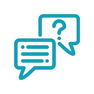 Outline drawing of a speech bubble with text lines and a speech bubble with a question mark