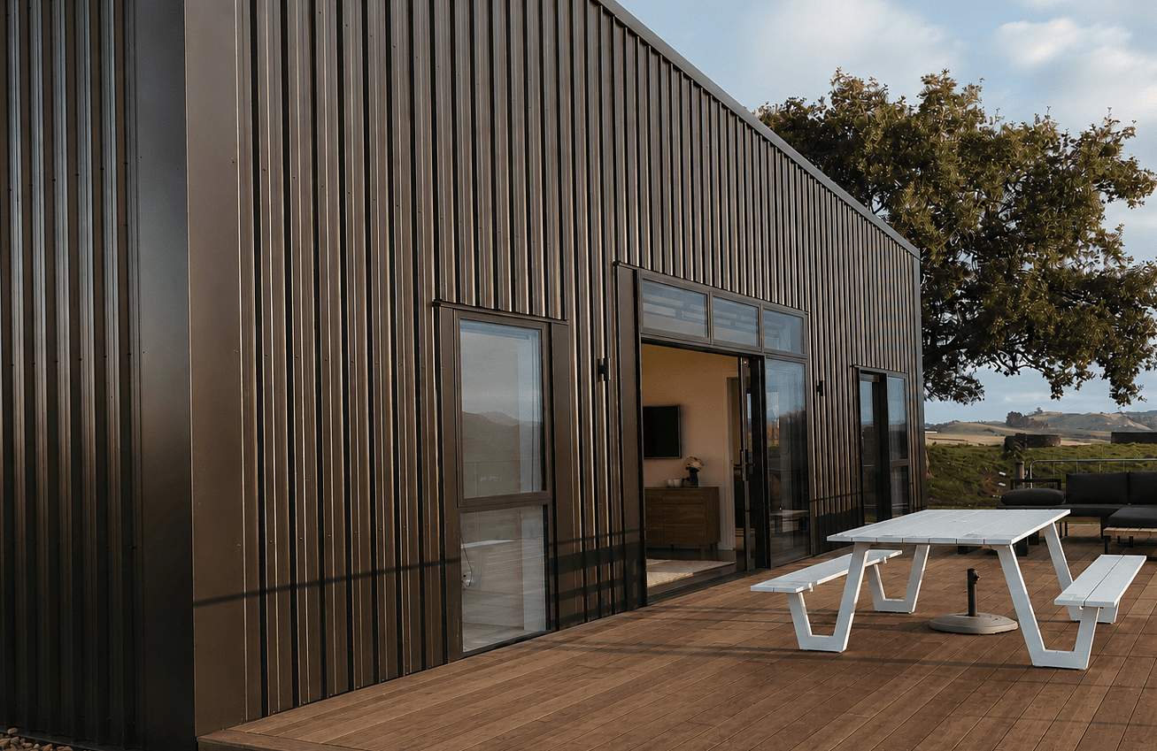 Coloursteel cladded new build home with Waikato rural outlooks. Built by Otorohanga builders, Coull Builders.