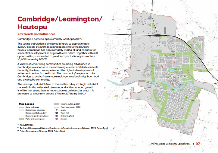 Cambridge spatial planning map from the Ahu Ake Waipā Community Spatial Plan