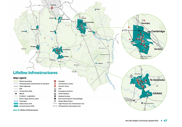 Infrastructure planning map from the Ahu Ake Waipā Community Spatial Plan