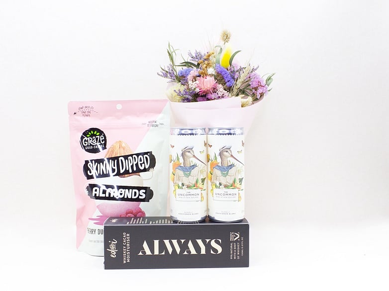 The Everlasting gift box NZ — NZ-made gift box with dried flowers, moisturiser, wine and almonds