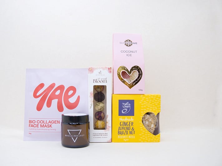 Blooming Tea gift box NZ — premium NZ-made gifts including Better Tea Co, Molly Woppy biscotti and YAE face mask