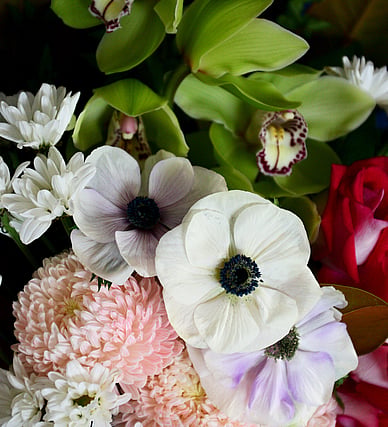 A close-up photograph of a spring-themed arrangement including yellow daffodils, purple and yellow irises, and pale pink tulips