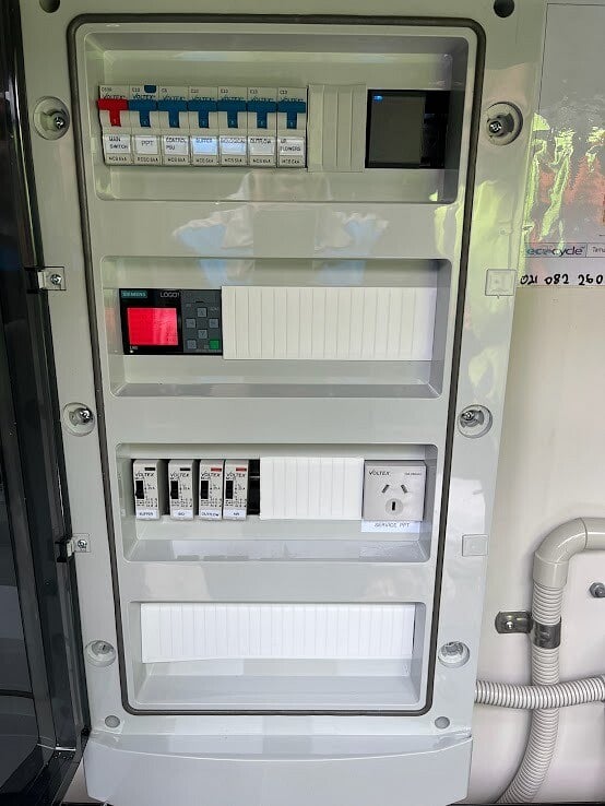Custom-built EcoCycle wastewater control board by Grayson Dales Electrical, Western Bay of Plenty