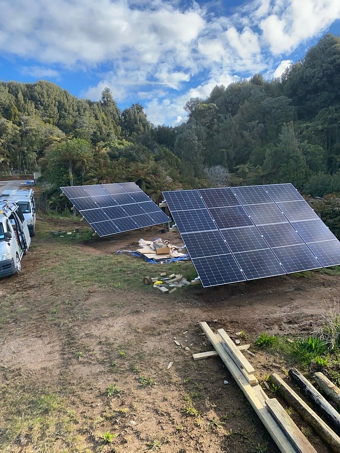 Completed ground-mounted solar panel array, off-grid Victron system, Western Bay of Plenty