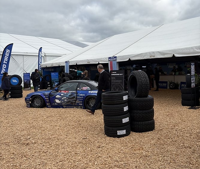 YHI International's 10x20 marquee hire at Fieldays 2026, displaying Toyo tyres and Mag & Turbo wheels