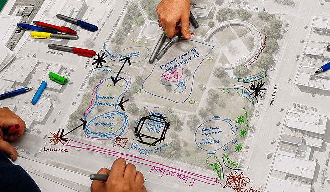 Planning project team reviewing spatial planning maps and project delivery priorities