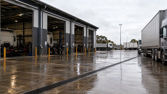 A heavy truck and trailer parked outside a commercial vehicle workshop with multiple open service bays containing trucks on hoists.