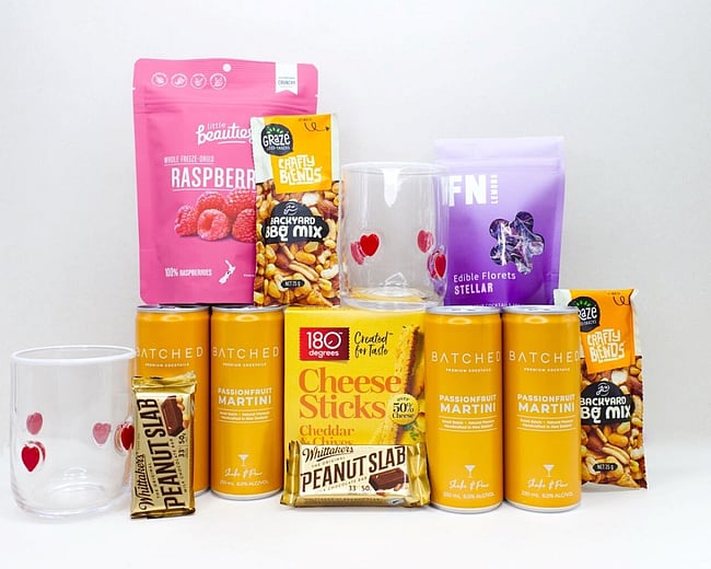 Cheers to you Gift Box NZ — Batched martini cans, little beauties raspberries and homelab glasses, beautifully packed in a gift box delivered nz wide