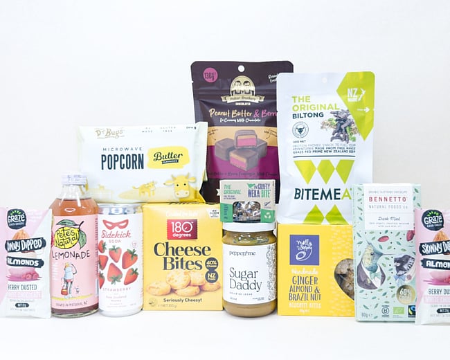 KYND Great NZ Snack Box — NZ snack gift box with popcorn, jerky, chocolate, biscuits, almonds and artisan snacks in signature white premium gift box