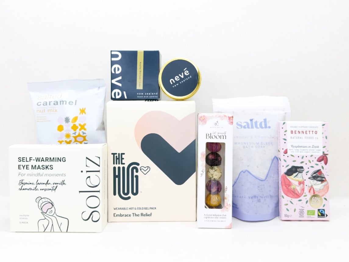 Self care gift box NZ filled with NZ-made beauty and wellness products from KYND Gift Boxes