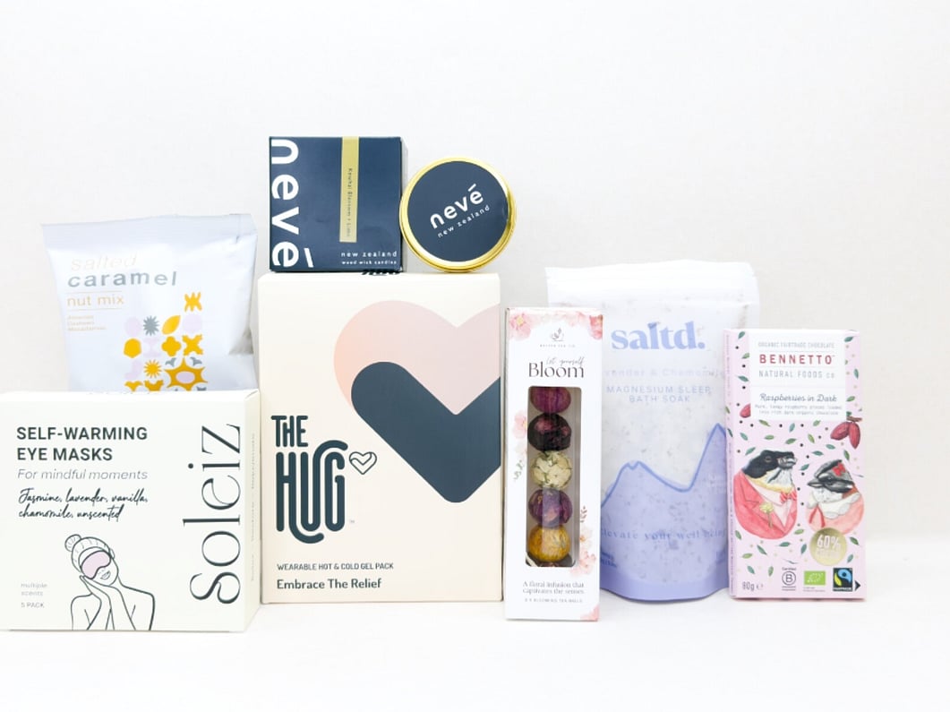 Self care gift box NZ filled with NZ-made beauty and wellness products from KYND Gift Boxes