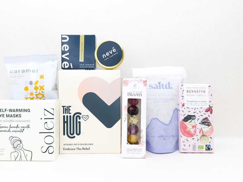 Self care gift box NZ filled with NZ-made beauty and wellness products from KYND Gift Boxes