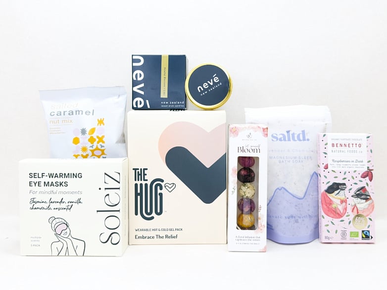 Self care gift box NZ filled with NZ-made beauty and wellness products from KYND Gift Boxes