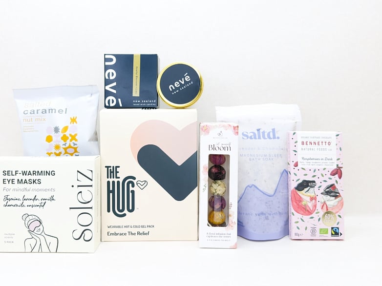 Self care gift box NZ filled with NZ-made beauty and wellness products from KYND Gift Boxes