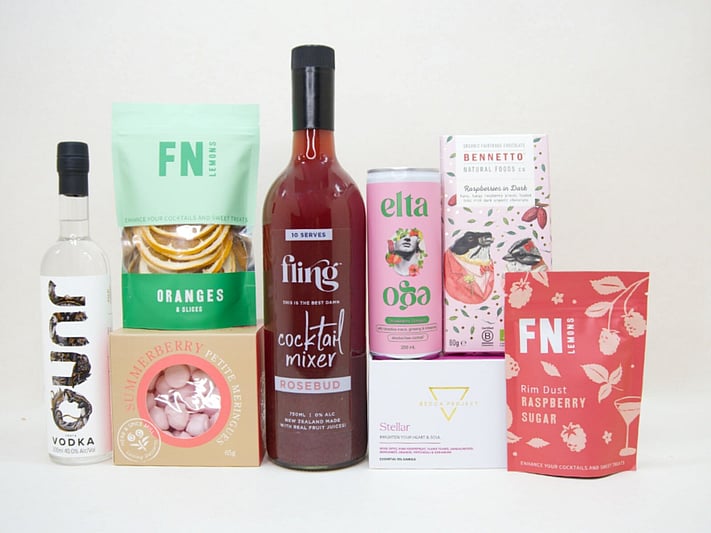 Pink Cocktail gift box NZ — NZ-made cocktail gift box with vodka, chocolate, candle and cocktail treats