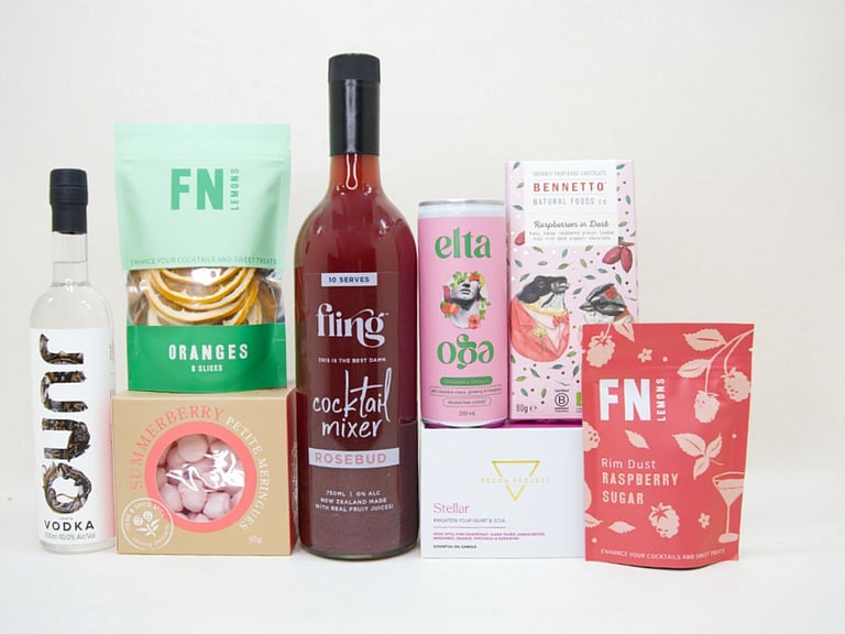 Pink Cocktail gift box NZ — NZ-made cocktail gift box with vodka, chocolate, candle and cocktail treats