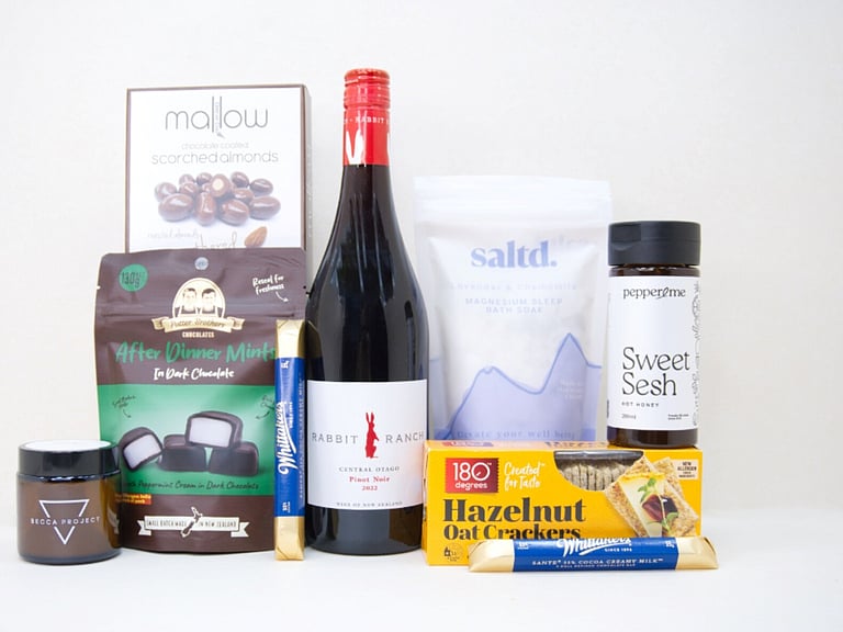 After Dinner Mint gift box NZ — NZ-made gift box with red wine, chocolate, candle and bath salts