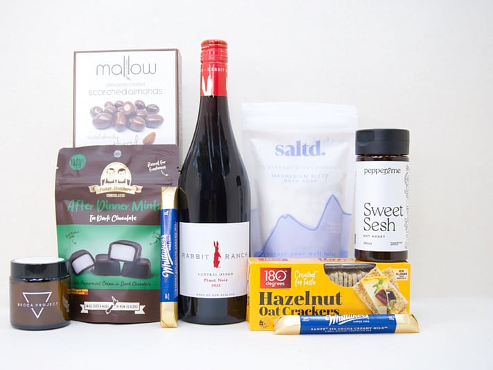After Dinner Mint gift box NZ — NZ-made gift box with red wine, chocolate, candle and bath salts
