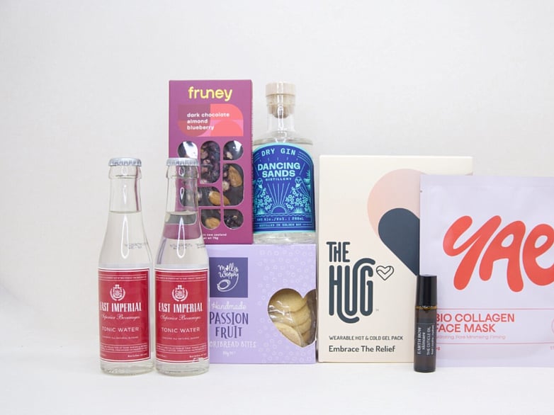 Evening Reset gift box NZ &mdash; NZ-made relaxation gift box with Dancing Sands gin, The Hug gel pack, Fruney chocolate and YAE face mask