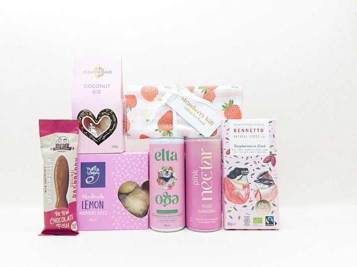 Pretty in Pink gift box NZ — NZ-made gift box with sangria, chocolate fish, Bennetto chocolate and tea towel