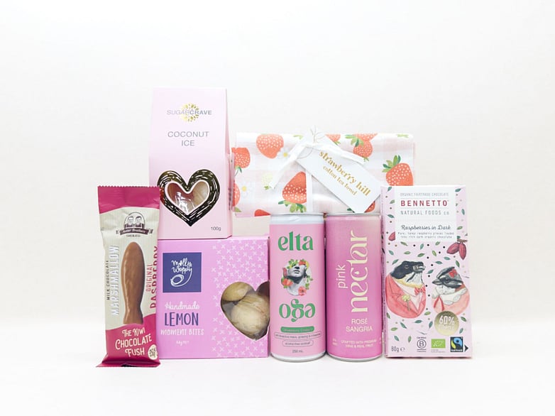 Pretty in Pink gift box NZ &mdash; NZ-made gift box with sangria, chocolate fish, Bennetto chocolate and tea towel