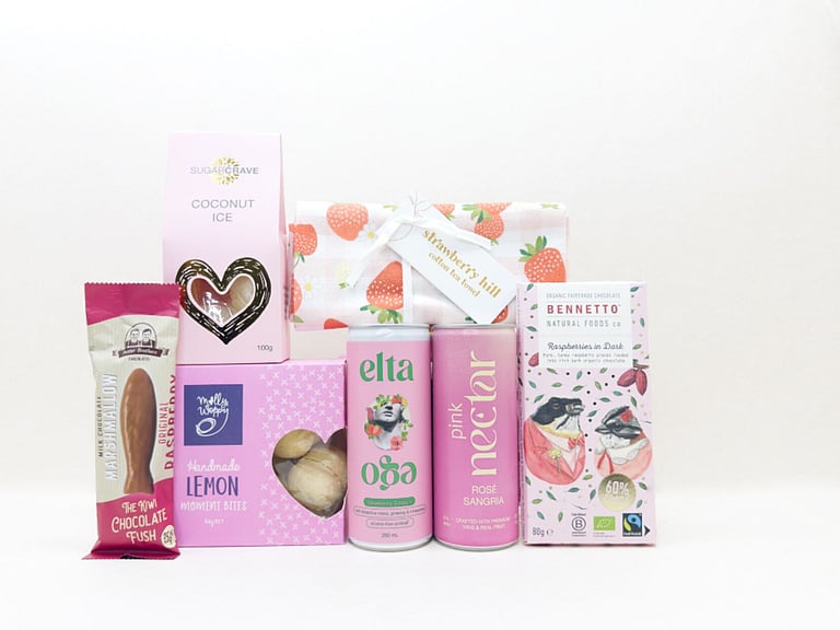 Pretty in Pink gift box NZ — NZ-made gift box with sangria, chocolate fish, Bennetto chocolate and tea towel