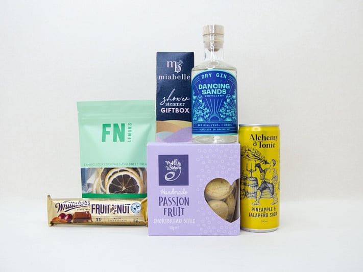 Gin Night In gift box with Dancing Sands gin, Molly Woppy cookies, Miabelle shower steamers, and FN dried lemons, thoughtfully packaged for gifting, relaxation, and gin lovers.