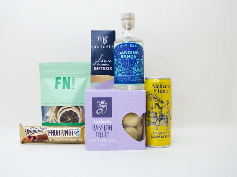Gin Night In gift box NZ — premium NZ-made gifts including Dancing Sands gin, Miabelle shower steamers and Whittakers chocolate