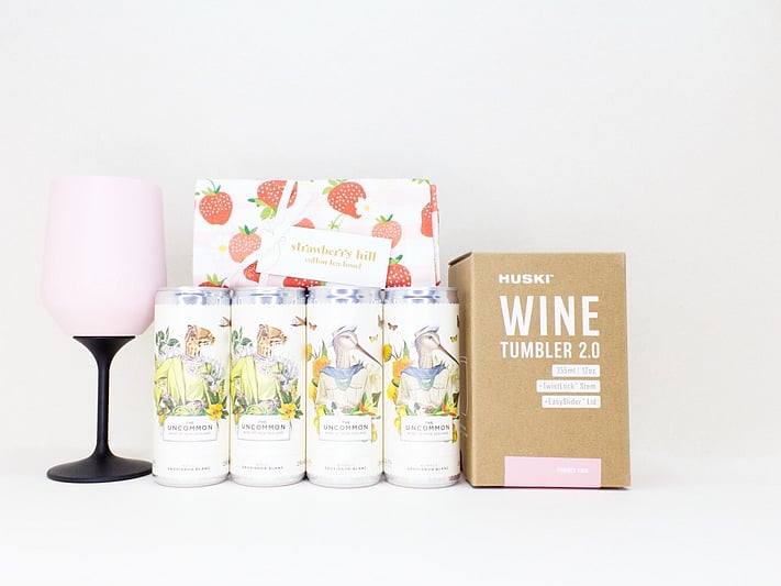 Pretty Wine gift box NZ — premium NZ-made gifts including Uncommon wine cans, Huski wine tumbler and Strawberry Hill tea towel