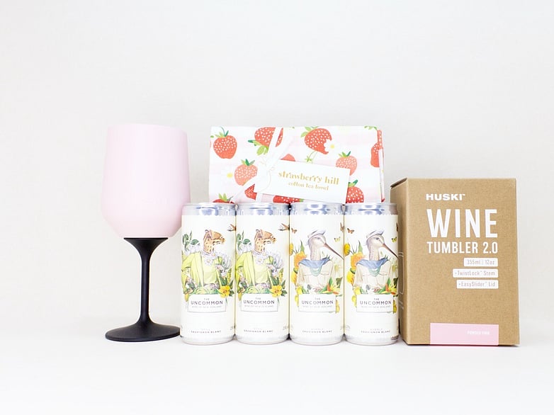 Pretty Wine gift box NZ &mdash; premium NZ-made gifts including Uncommon wine cans, Huski wine tumbler and Strawberry Hill tea towel