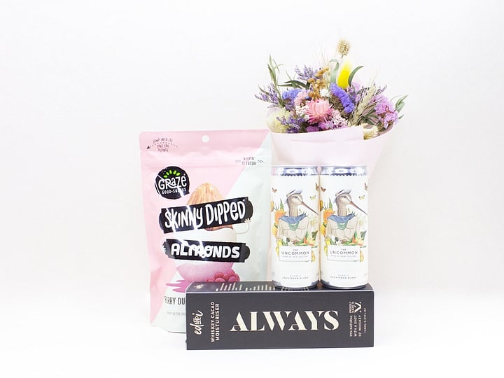 Everlasting gift box NZ — NZ-made gift box with dried flowers, moisturiser, wine and almonds
