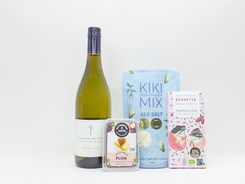 Wine and Crackers gift box NZ &mdash; premium NZ-made gift box with Craggy Range wine, crackers, plum paste and Bennetto chocolate